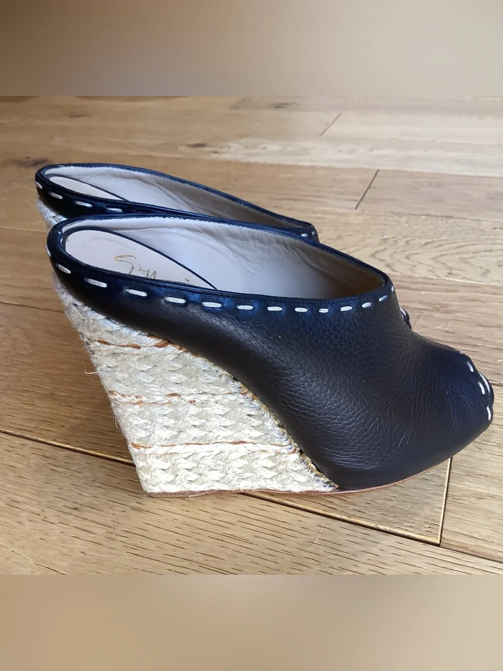 Giuseppe Zanotti black, leather espadrille wedge peep toe mules